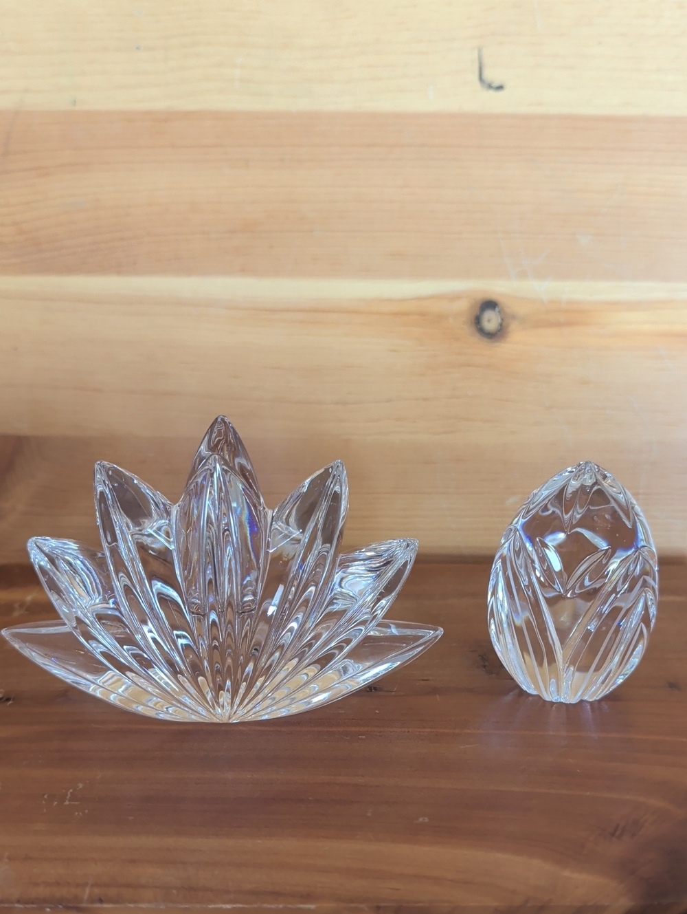 2 piece Of Clear Crystal Flower Candle Holder and Lead Crystal Engraved Egg.